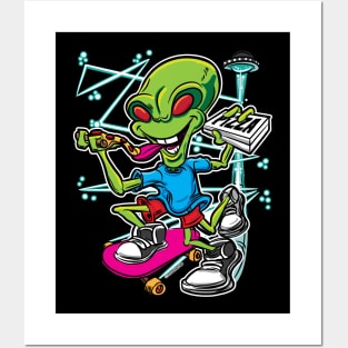 Alien UFO Flying Saucer Pizza Delivery Skateboard Posters and Art